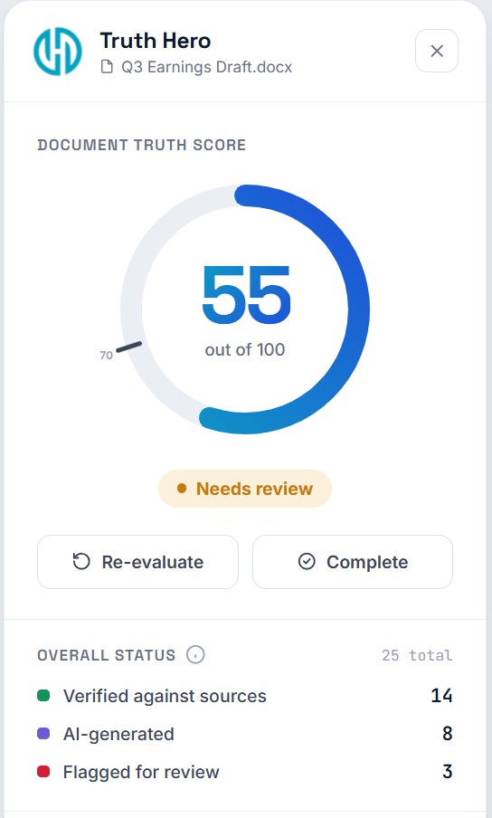 Truth Hero Office Add-in verifying a market release document with Truth Score